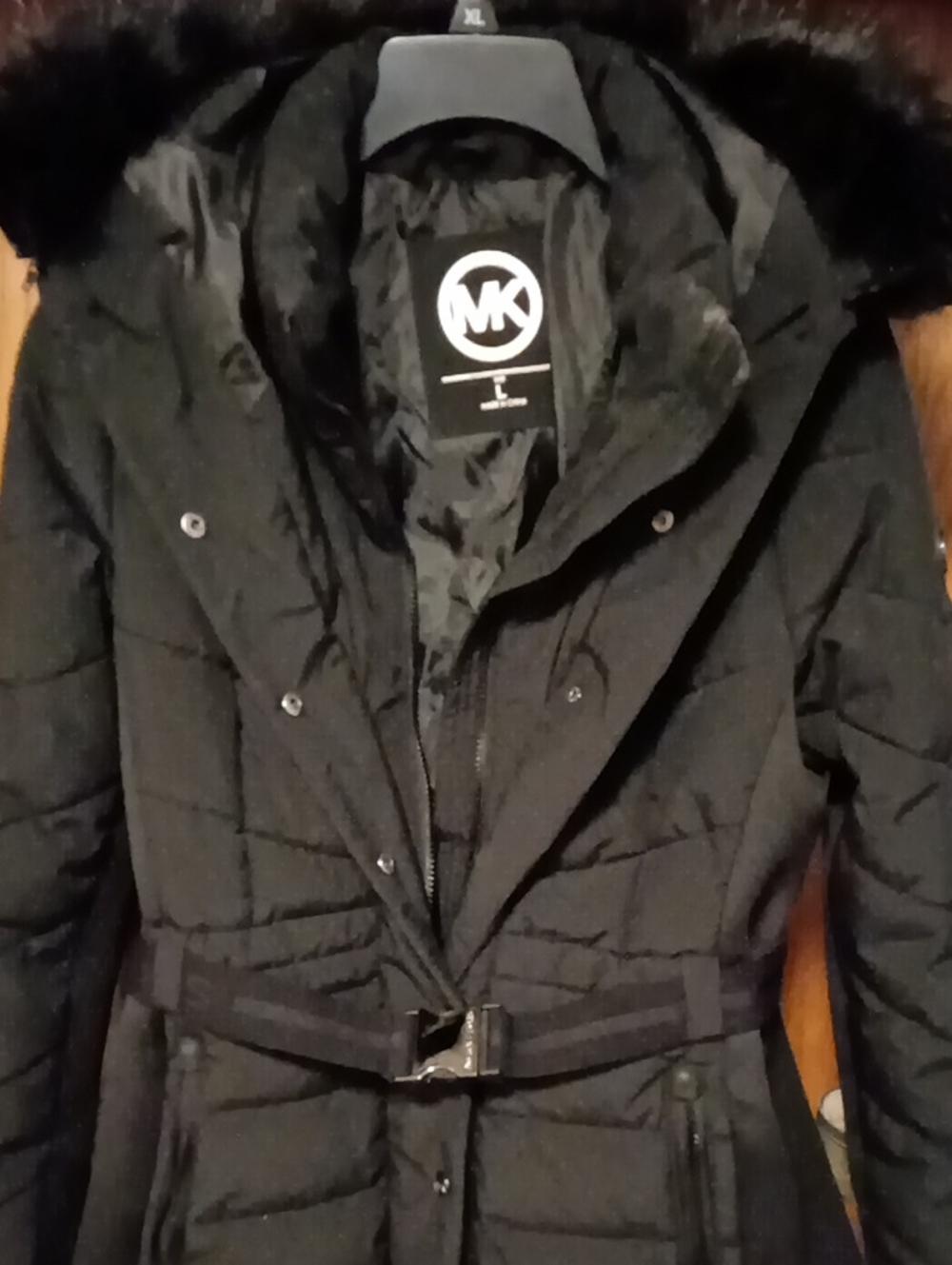 Beautiful Michael Kors Black Quilted Belted Puffer Coat with Fur-Trim Hood
